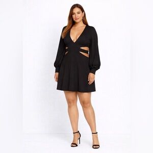 Susana Monaco Deep V Neck Cutout Midi Dress Black Long Sleeve Size Large